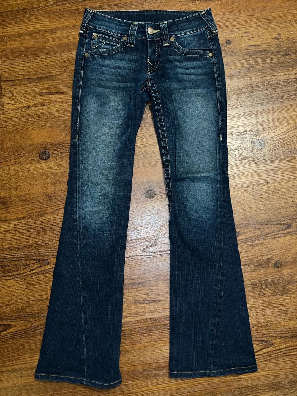 True Religion Vintage Bootcut Joey Jeans Dark Wash Low Rise Twist Seam Size 27